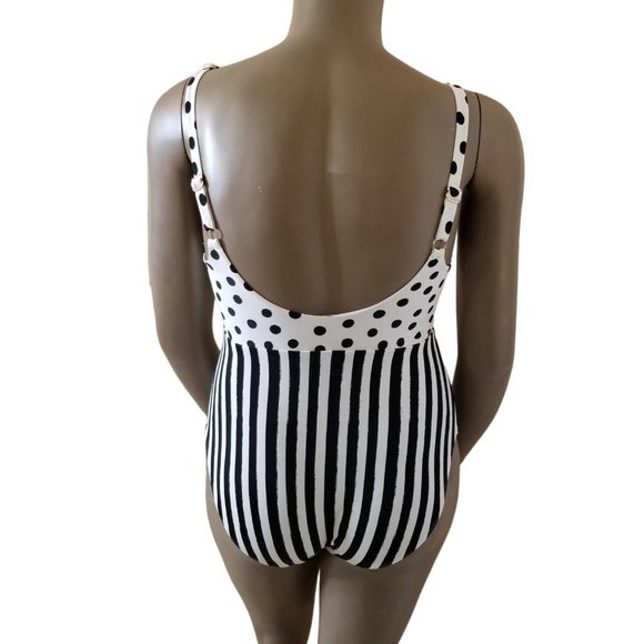Pin-Up Polka Dot Striped Tie Front Keyhole Cheeky 1-Pc Swimsuit XL White Black - Picture 13 of 16